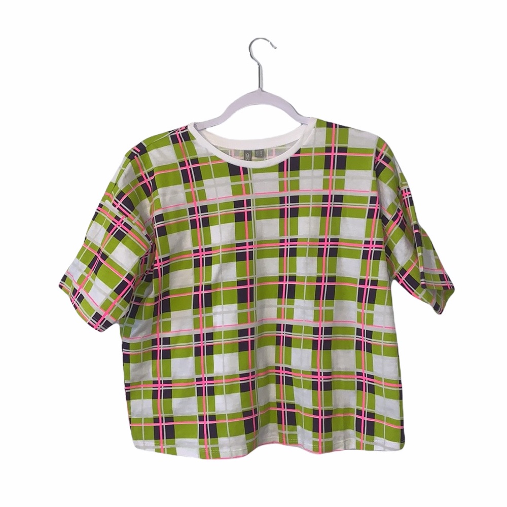 ASOS Neon Green Plaid Boxy Short Sleeve Top Size 6